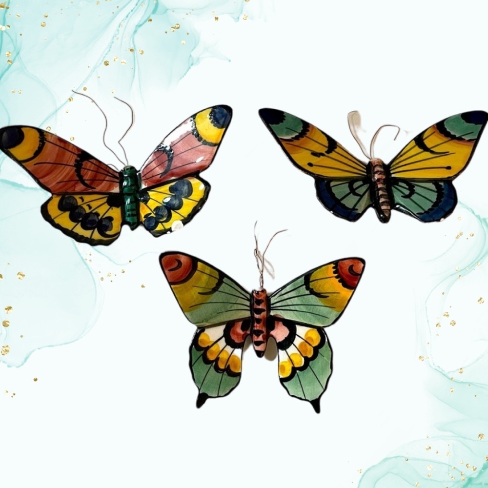 Vintage Anfara Portugal Hand Painted Portugese Ceramic Butterflies Trio Set